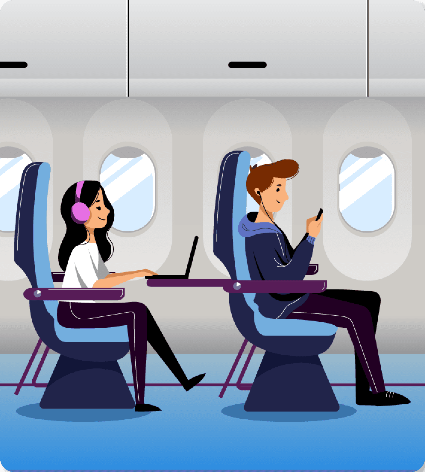 Two travelers on an airplane practicing languages with LingoWise